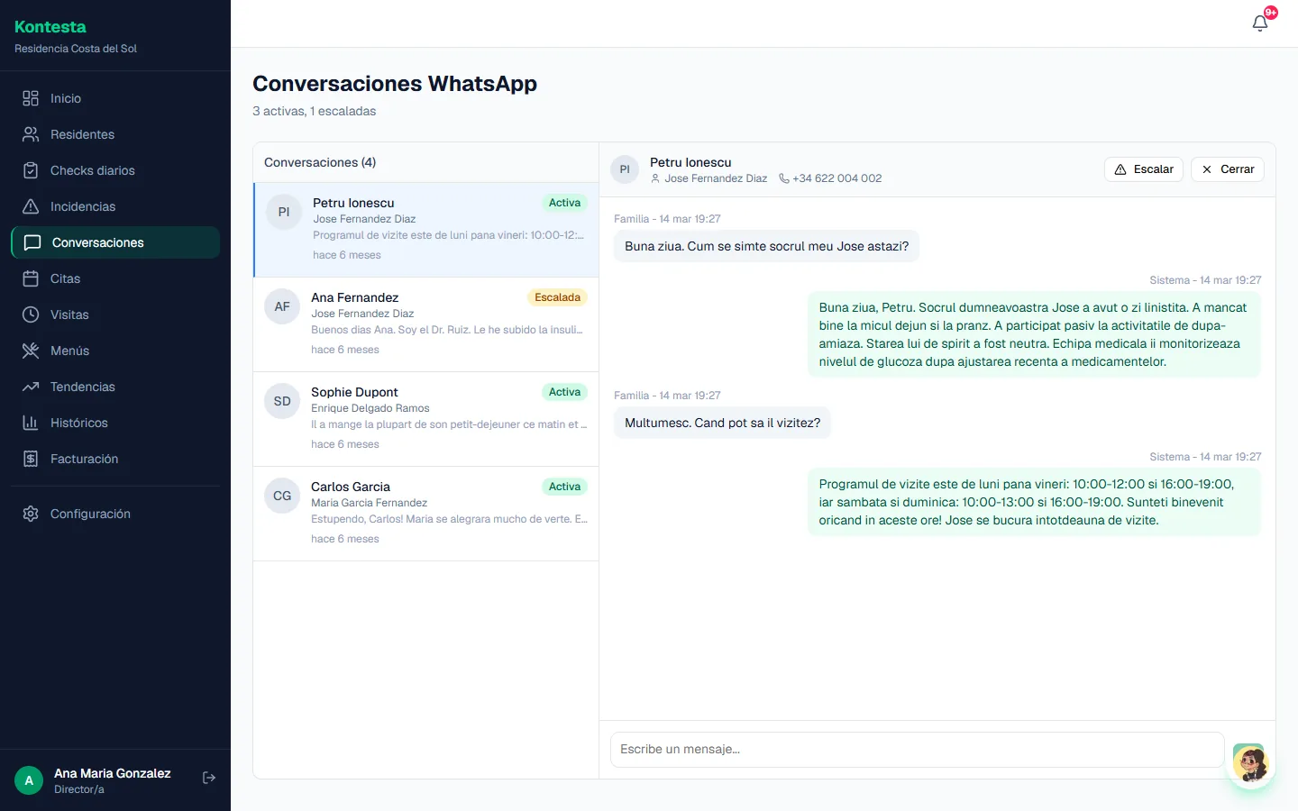 Conversaciones con familias por WhatsApp en el panel
